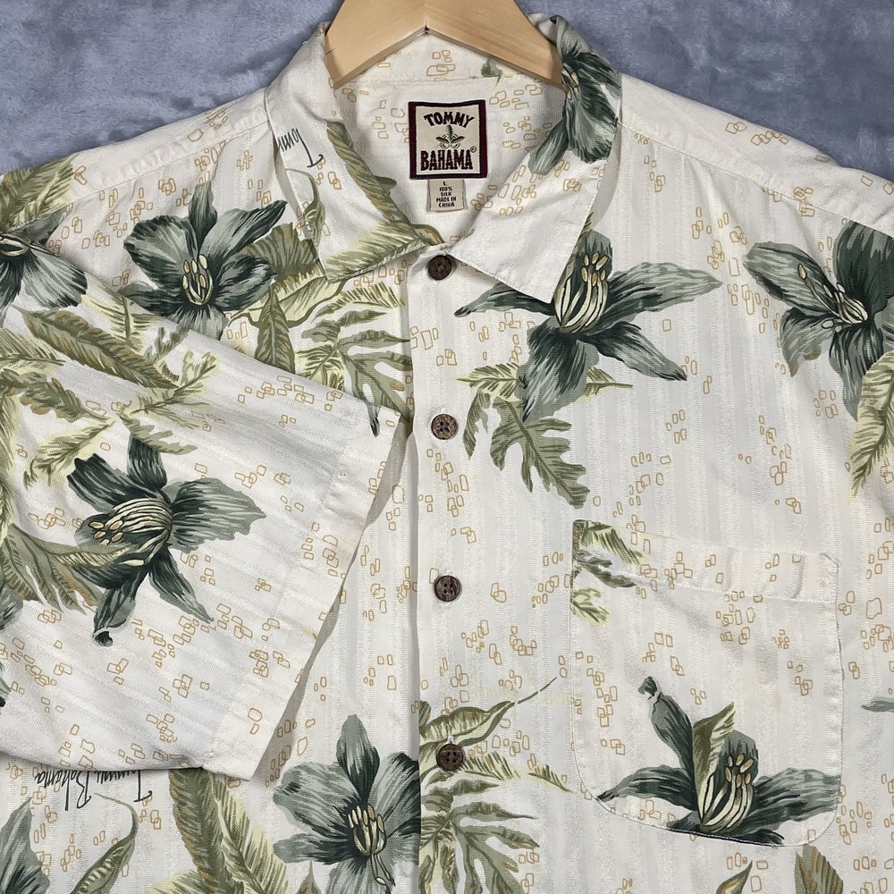 Tommy Bahama Mens Large Silk Tropical Floral Jacquard Short Sleeve Button Shirt